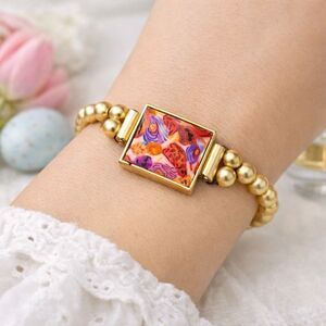 Donna Sharp Gold Beaded Stretch Bracelet Mosaic Tile Statement Signed